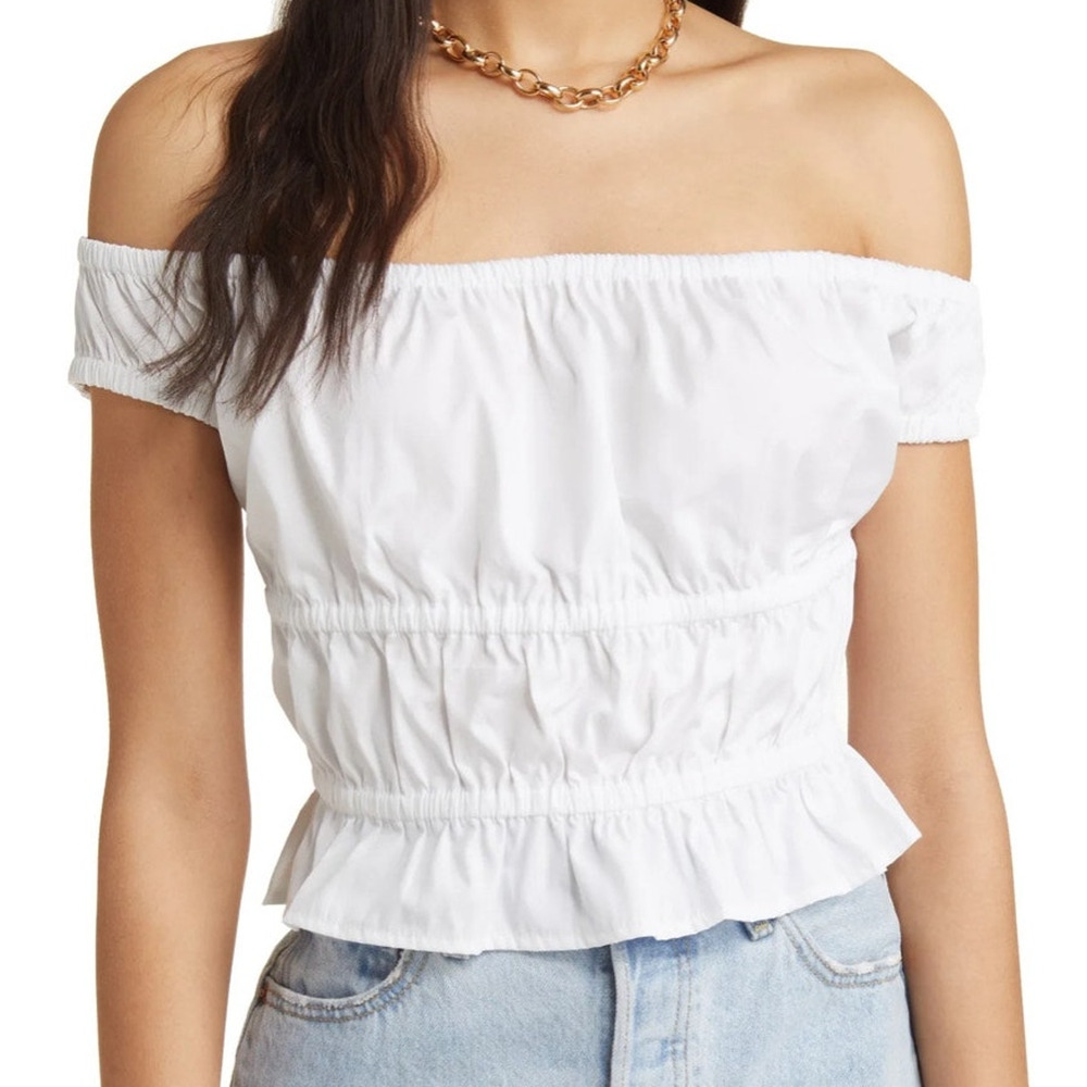 Open Edit Milkmaid Top Small Women Off The Shoulder Shirred Poplin Prairie White